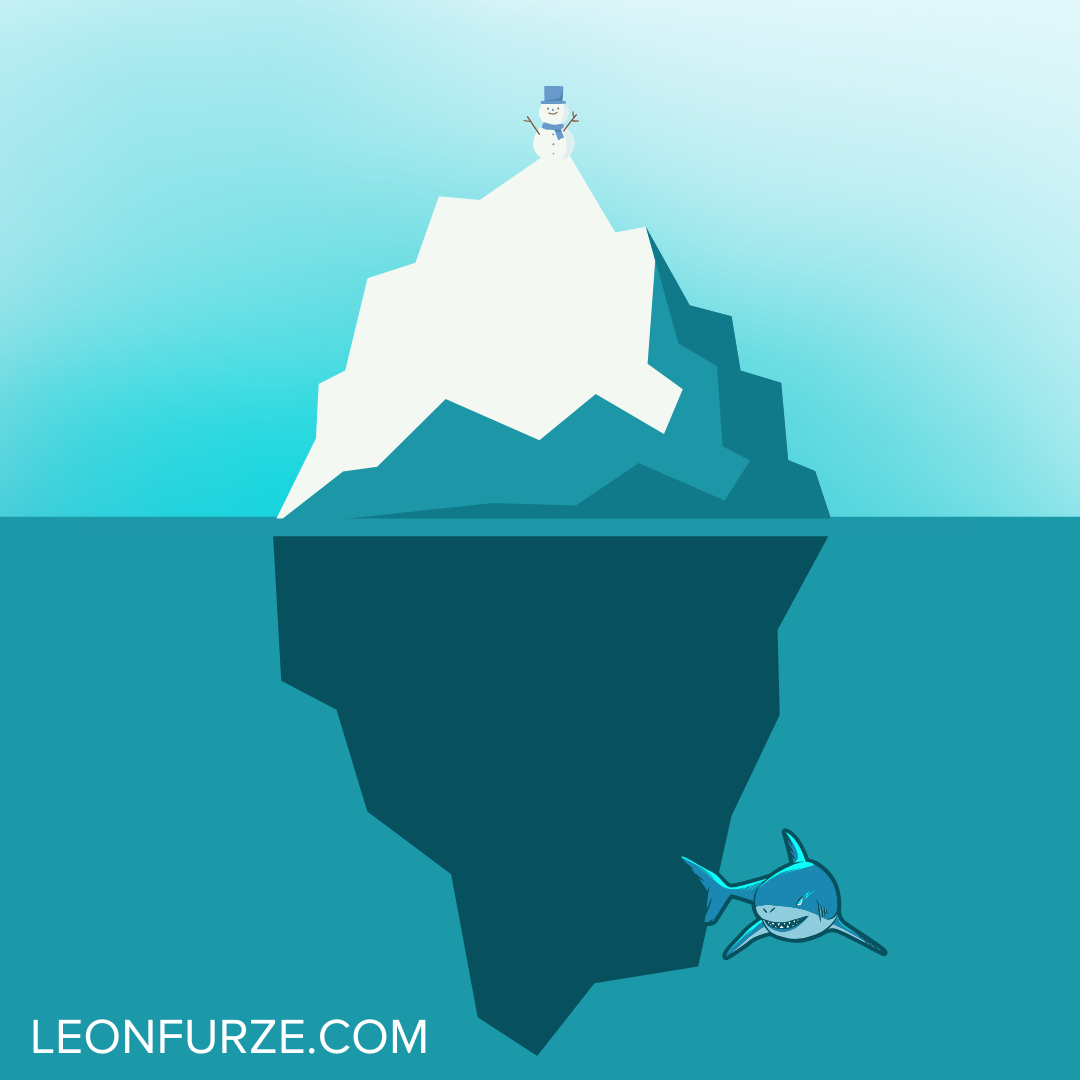 The AI Iceberg: A snowman representing applications sits atop an iceberg. Above the waterline is the LLM layer. Below, the massive dataset is hidden underwater, with a shark representing threats like bias and misinformation.